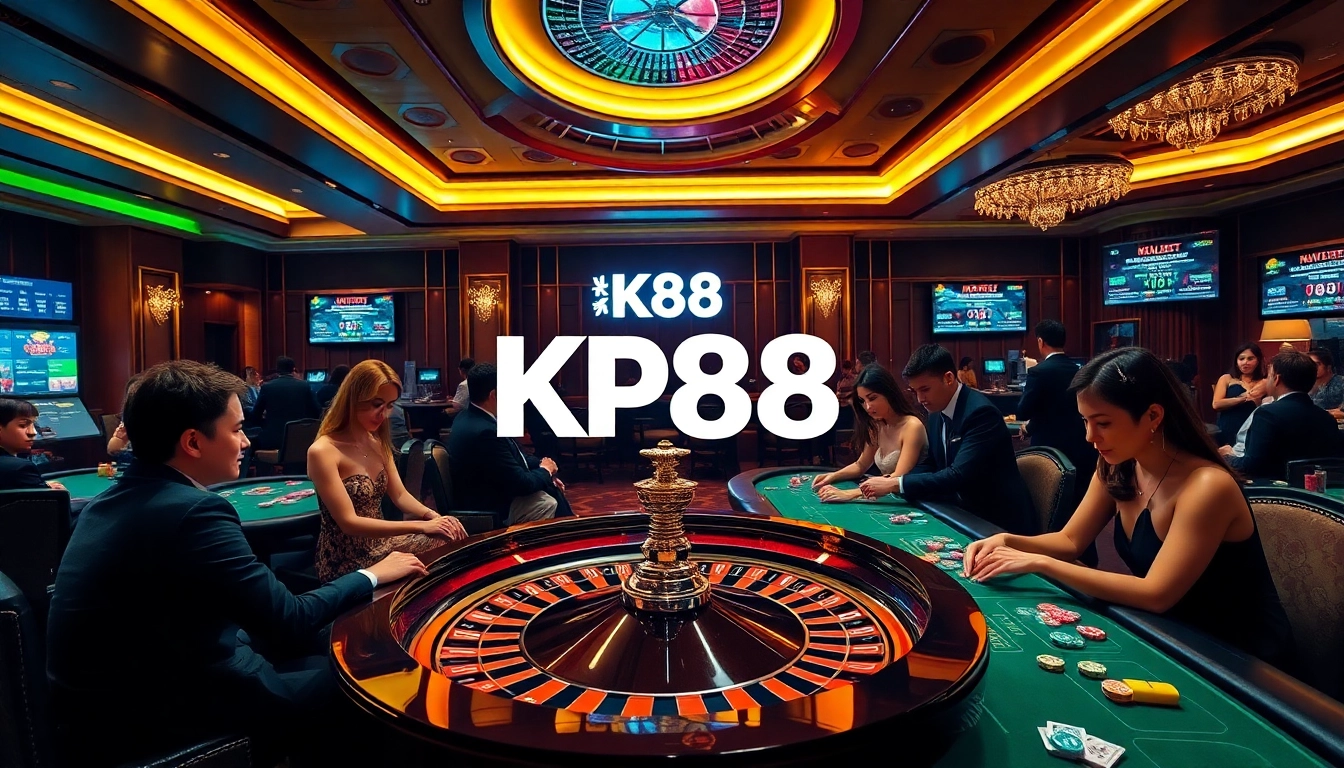 Exciting gaming action at KP88 casino, showcasing luxury poker tables, roulette wheel, and vibrant players.