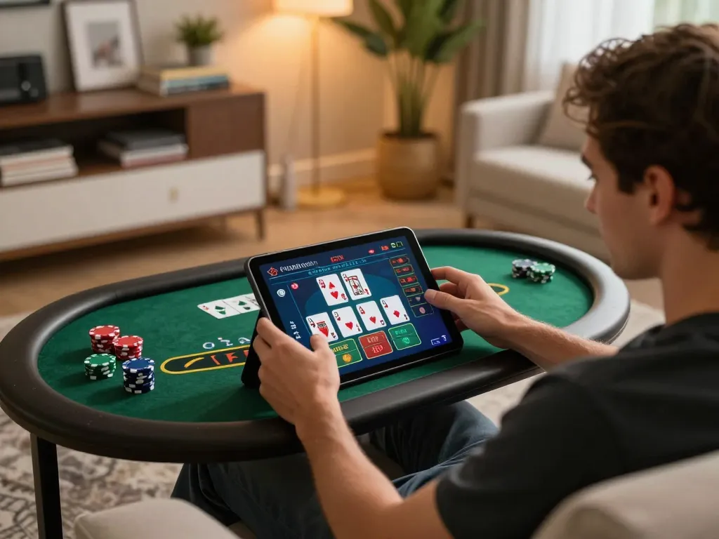 Engaging player on 789f.com enjoying a live blackjack game on a tablet in a cozy home setting