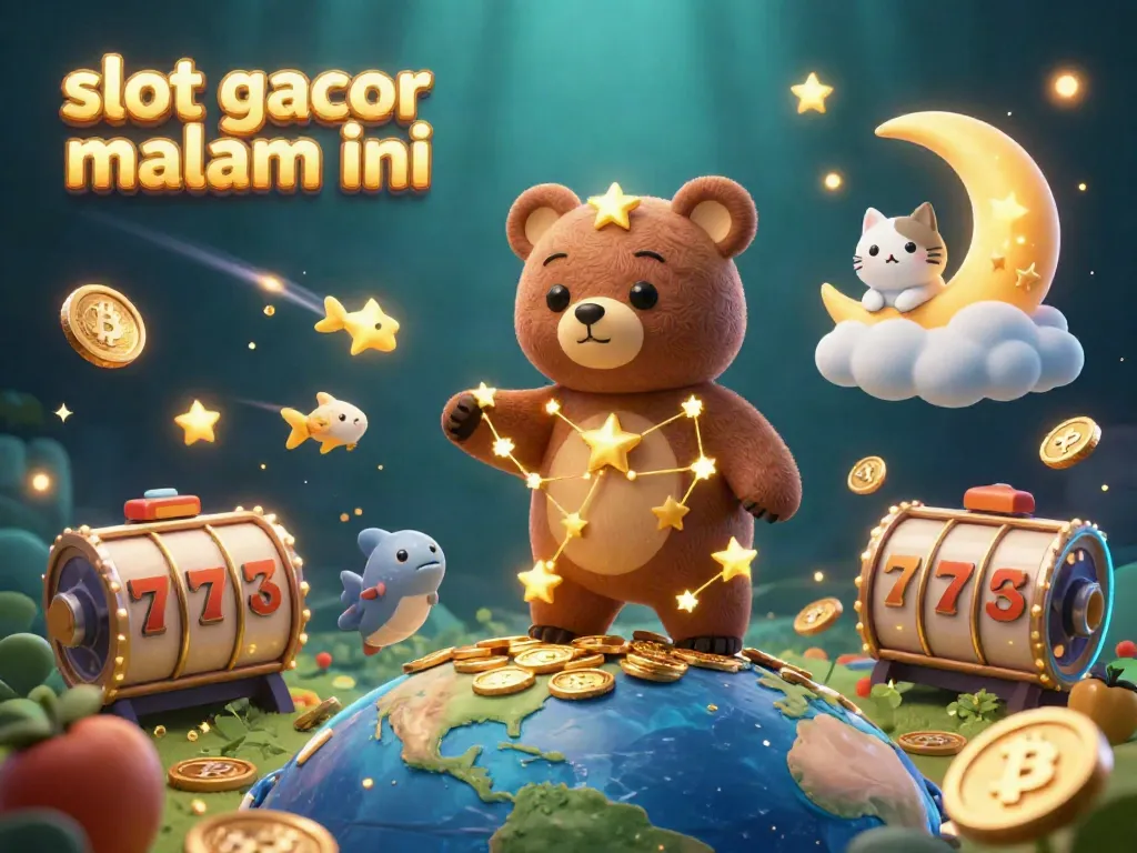 Ilustrasi 3D menampilkan "slot gacor malam ini" dengan beruang konstelasi yang mengumpulkan koin di dunia, dikelilingi simbol slot yang menggiurkan.