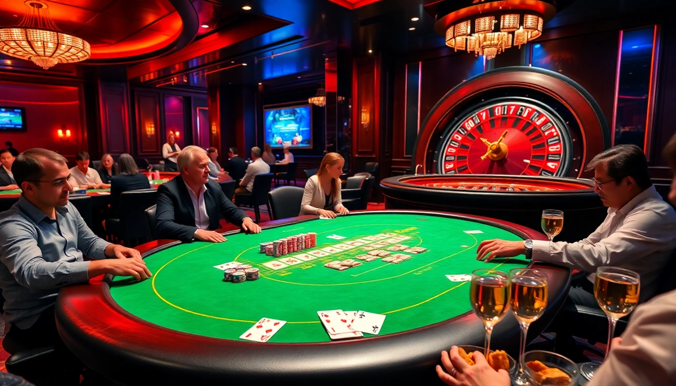 A lively open888 gaming lounge featuring players at a poker table surrounded by excitement and luxury.