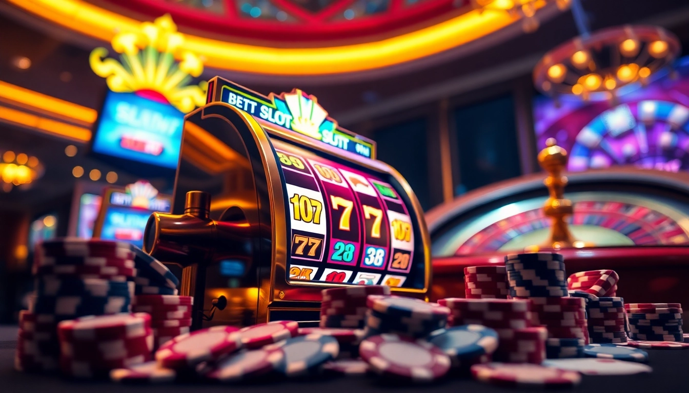 Putar mesin slot777 berwarna-warni dalam suasana kasino yang mendebarkan dipenuhi dengan chip poker dan roda roulette.