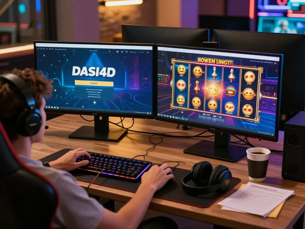 Antarmuka login DASI4D ditampilkan di atas meja modern, memamerkan kegembiraan permainan online.