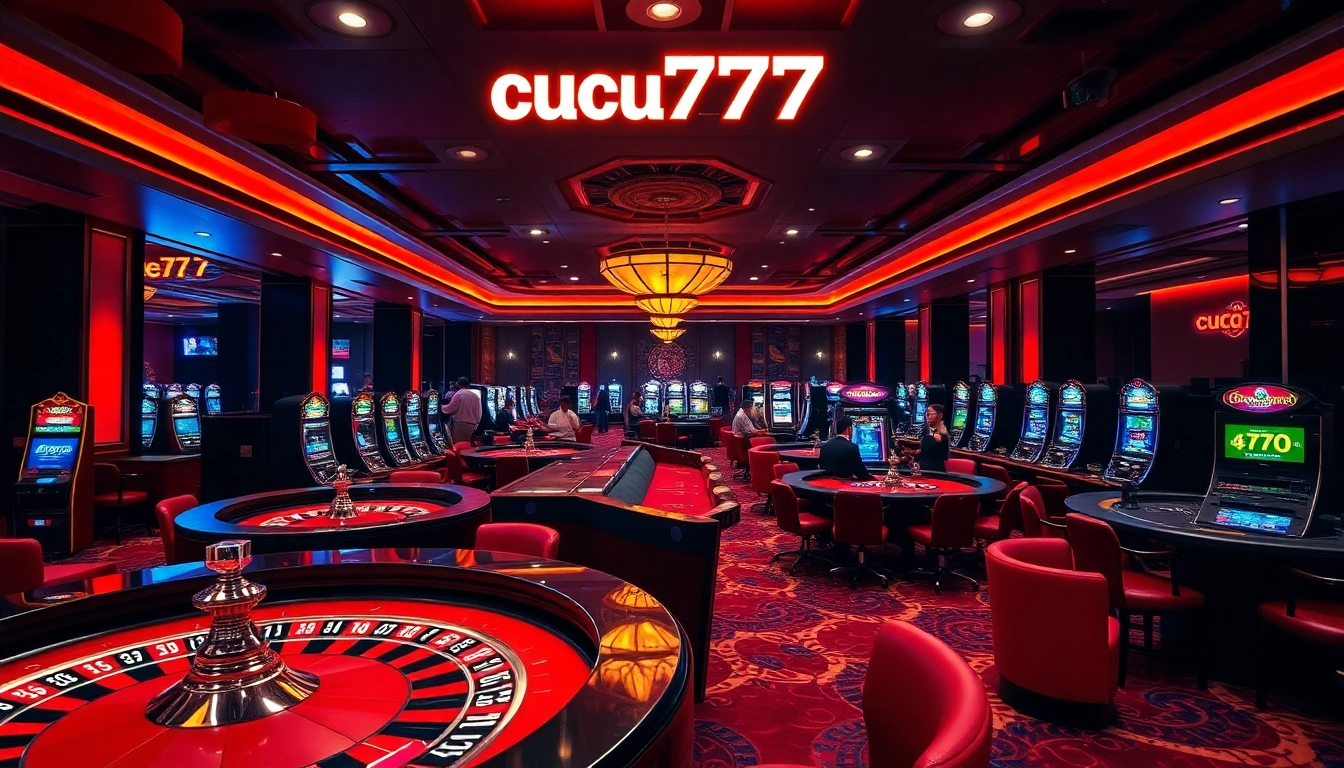 Experience the thrill of cucu777 at vibrant casino tables with roulette wheels and slot machines.