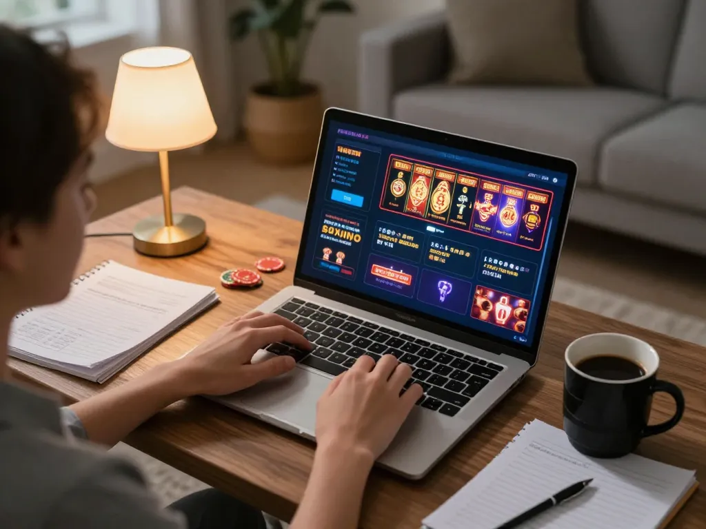 Player enjoying online casino games on 789club from home, complete with coffee and strategy notes.