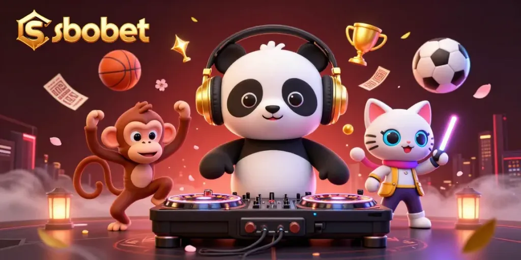 Experience sbobet sports betting excitement with a DJ panda, breakdancing monkey, and rave kitten in vibrant 3D illustration.