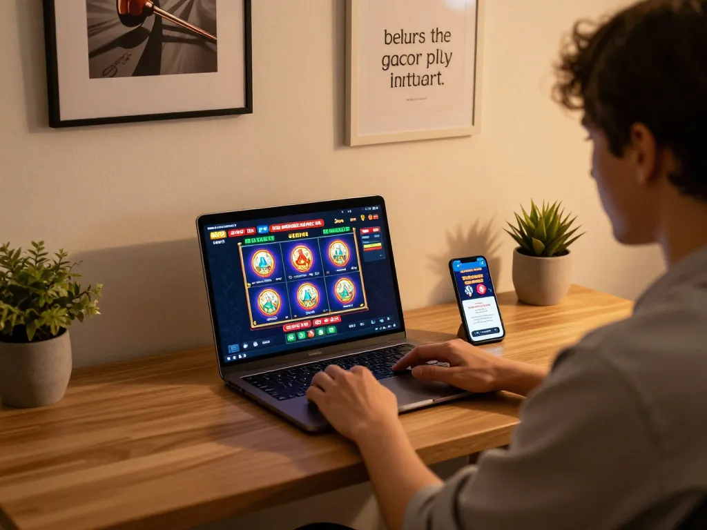 Engaging player enjoying situs slot gacor experience on laptop at home