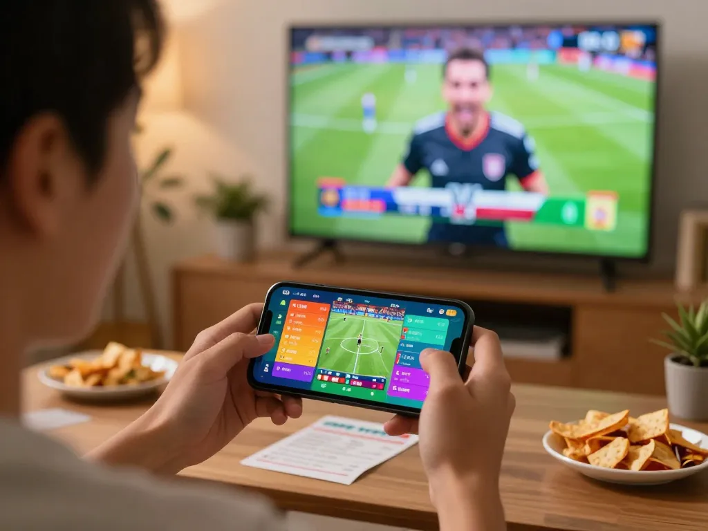UK88 sports betting action with a player using a smartphone in a lively living room.
