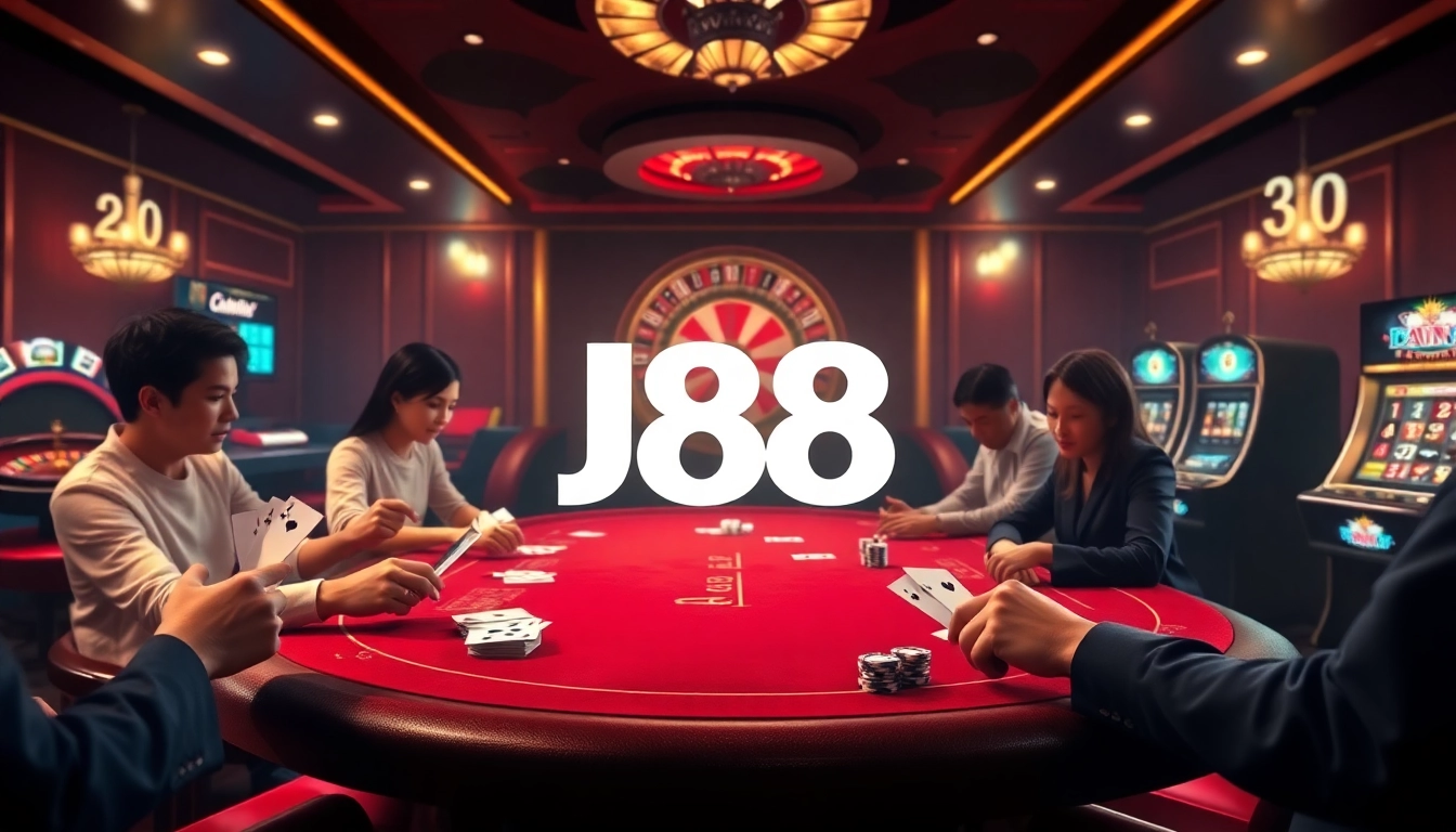 Experience the excitement at J88 casino with vibrant poker gameplay and classic gambling elements.