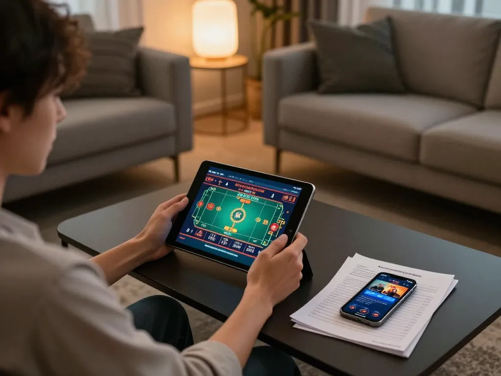 Engaging with online gaming on man88a app, showcasing a cozy home atmosphere.