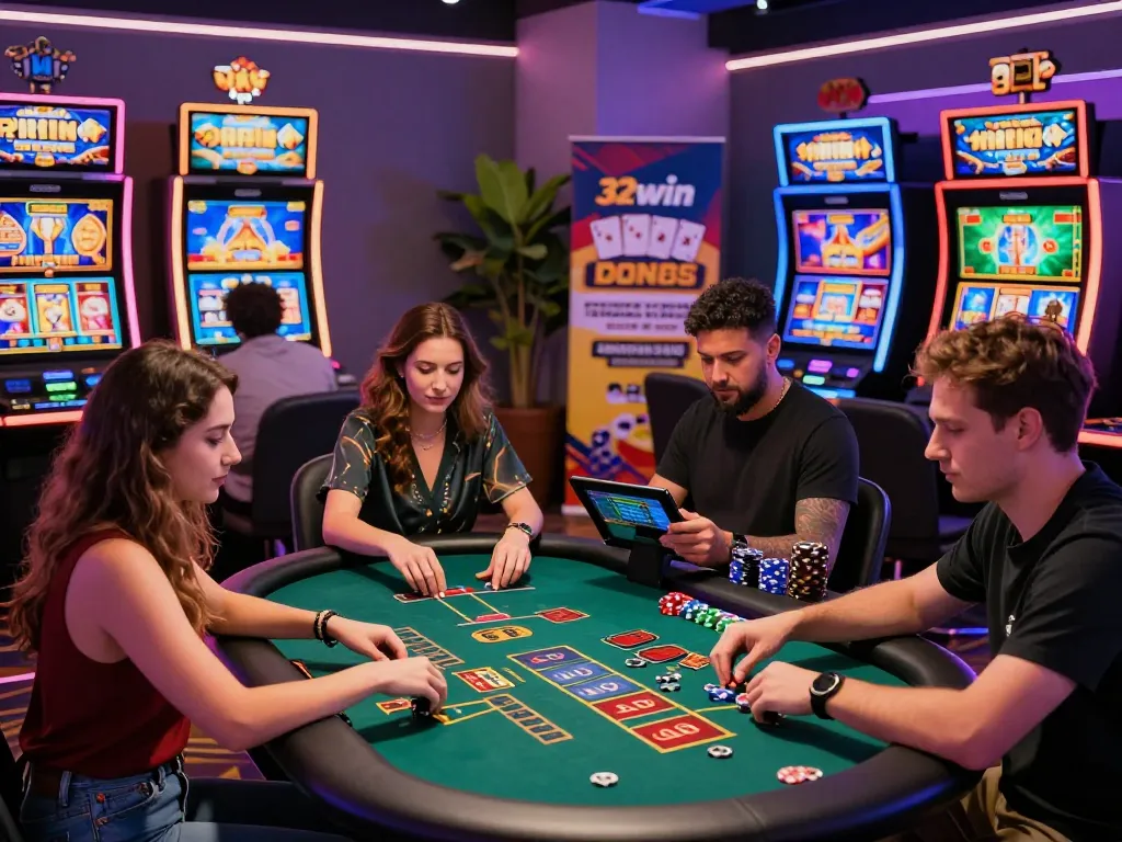 Exciting 32win online casino gaming scene with players enjoying baccarat and slots, colorful lights enhancing the atmosphere.