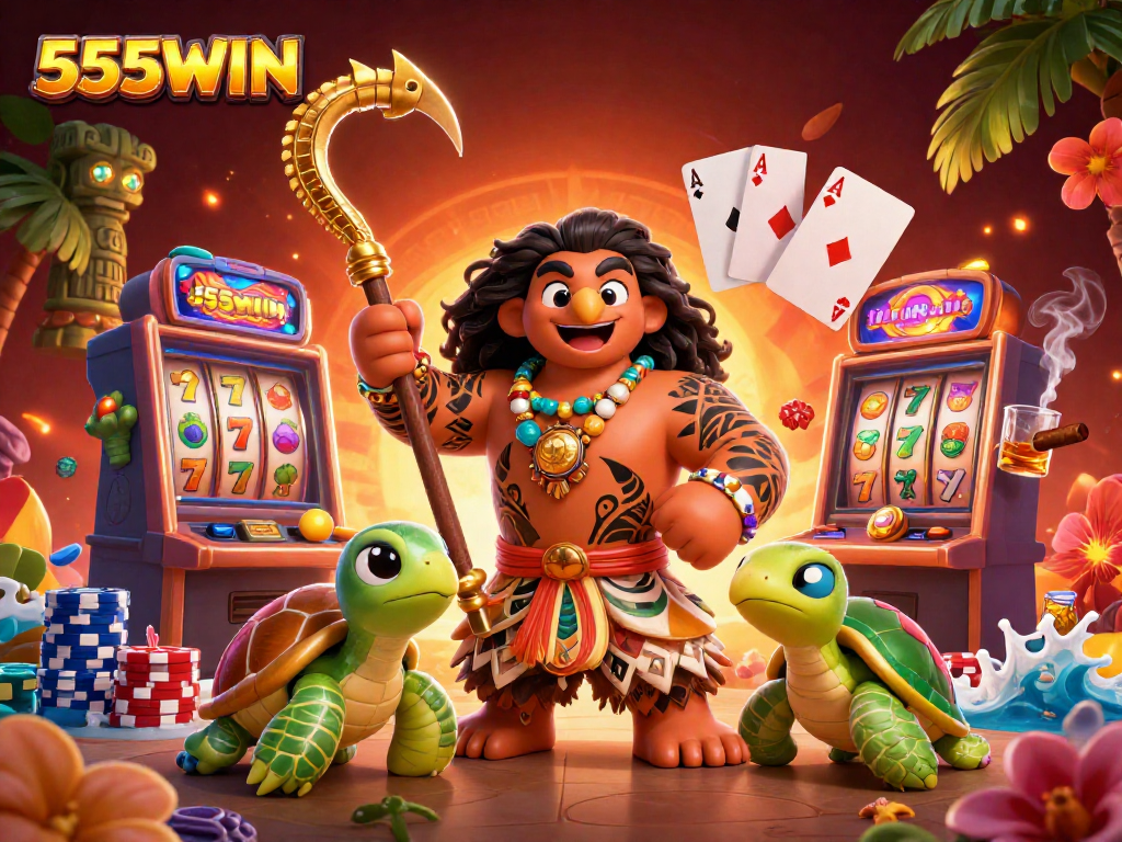 Experience thrilling gameplay with 555WIN featuring a Polynesian demigod in a dynamic casino scene.