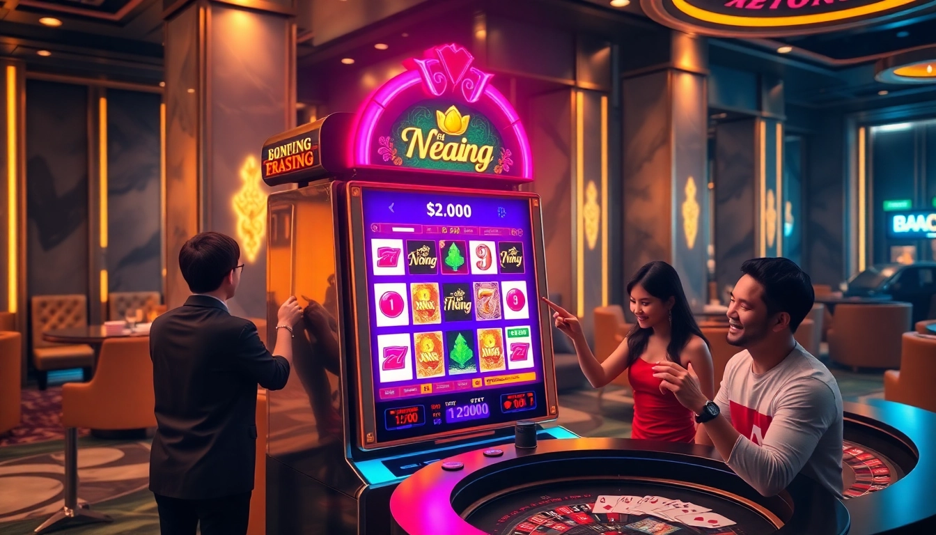 Nổ Hũ Đổi Thưởng slot machine with vibrant graphics in a luxurious casino setting.