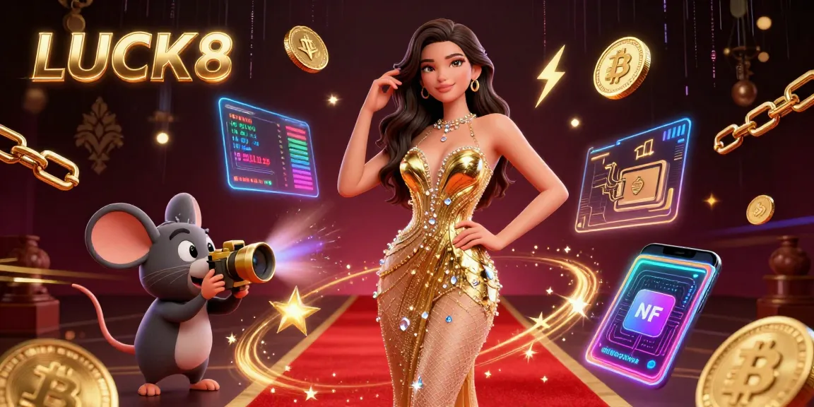 Experience LUCK8's thrilling casino action with stunning visuals of a glamorous character and crypto elements.