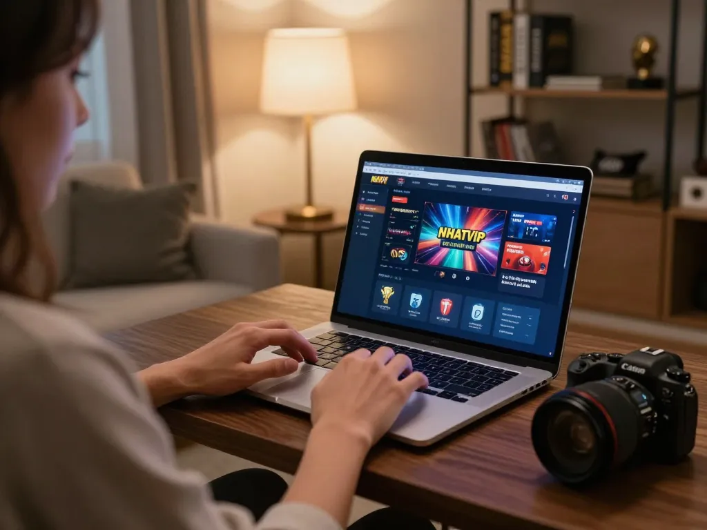 Engaging in dynamic online gaming with NHAT VIP 9 on a laptop in a cozy home setting.