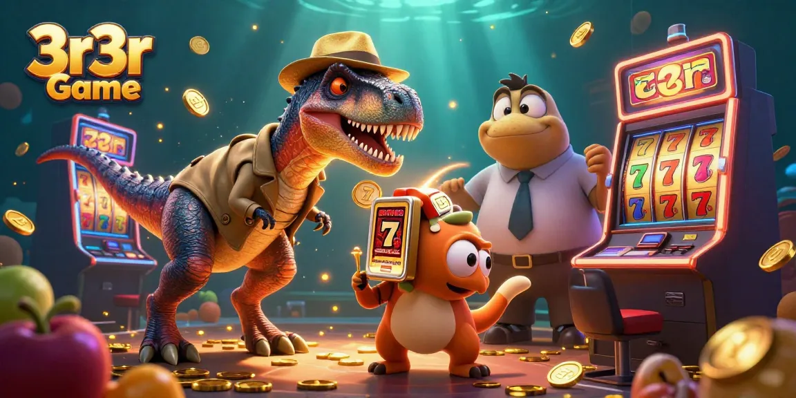 Engage in 3r3r Game action with a velociraptor and stegosaurus at a vibrant slot machine scene.