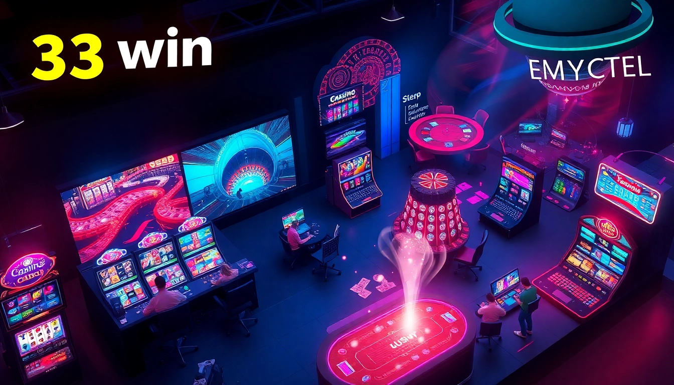 33win online gambling platform showcasing exciting casino games in a vibrant, modern setting.