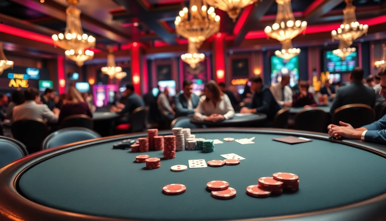 Engaged players discussing strategies at a lively gambling forum in a casino.