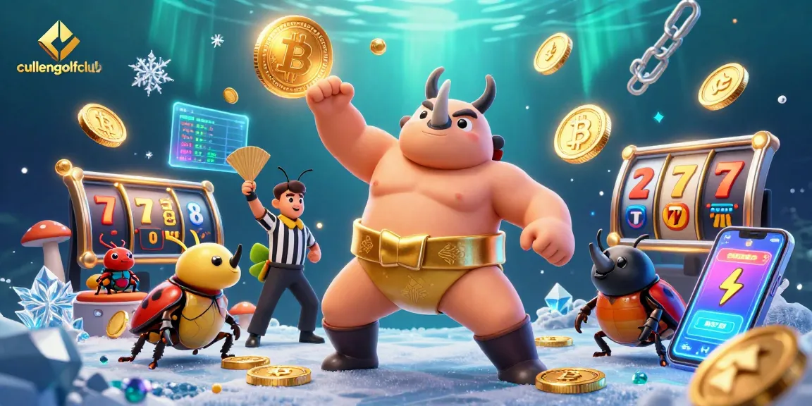 Cullengolfclub takes center stage with an action-packed casino scene featuring a sumo beetle champion and flying slot symbols, showcasing gambling excitement in vibrant detail.