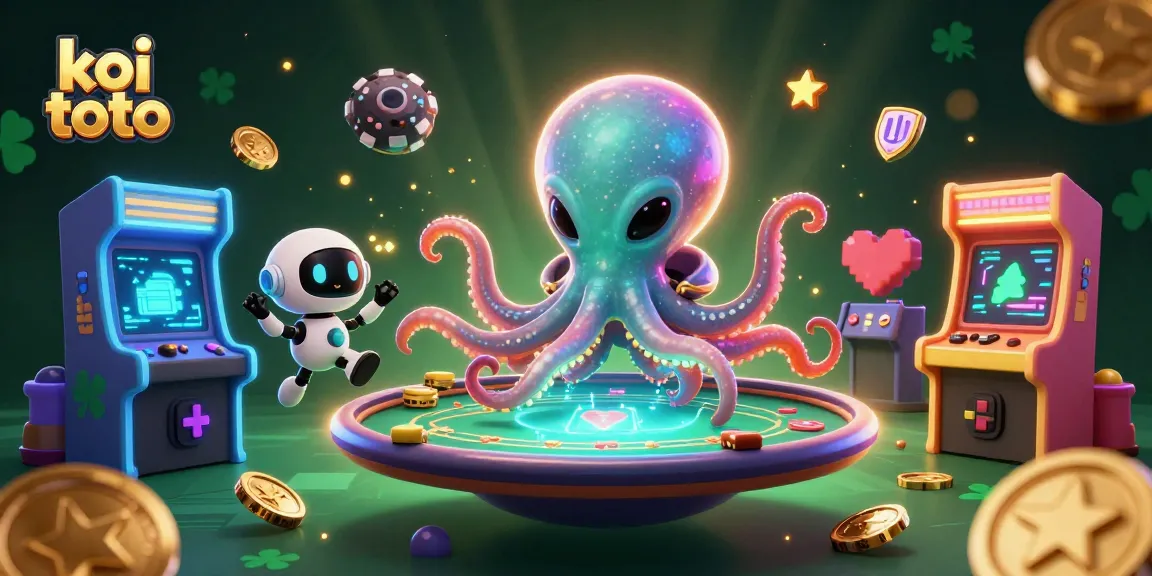 Engage in thrilling games at koi toto with an alien octopus, holographic poker table, and vibrant gaming elements.