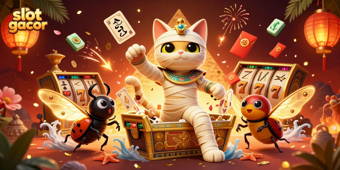 Engage with slot gacor excitement in this vibrant casino scene featuring a stunning Egyptian mummy cat and golden elements.