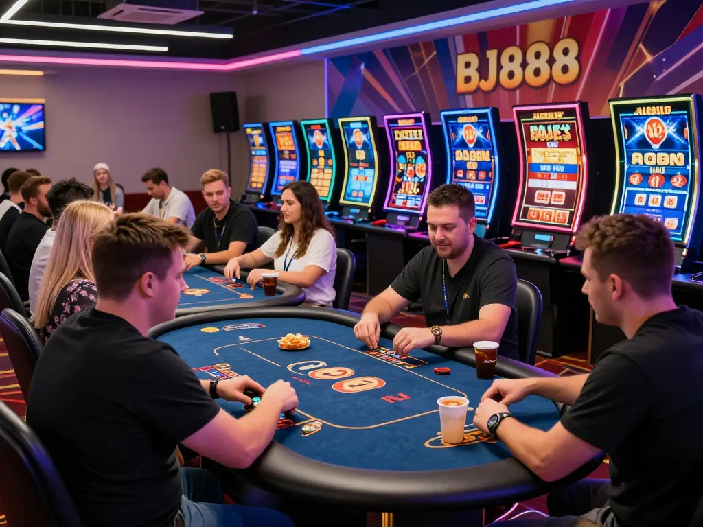 Excited players enjoying games at BJ888 casino platform with vibrant atmosphere and technology.