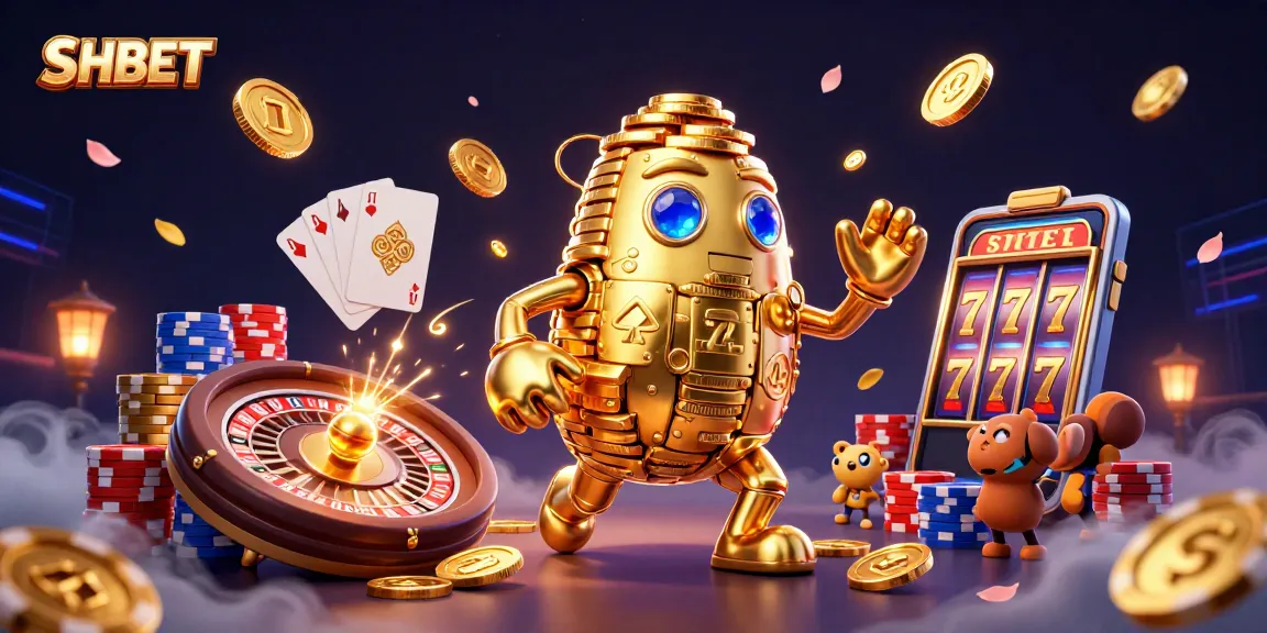 Experience thrilling games with SHBET's golden golem surrounded by cascading coins and vibrant elements.