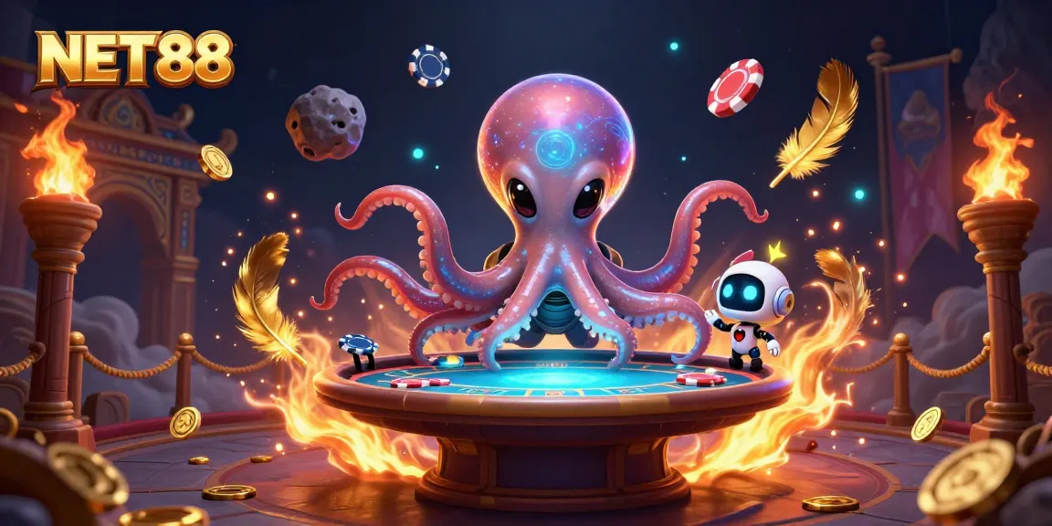 NET88 showcases a vibrant 3D scene with an alien octopus at a holographic poker table surrounded by engaging elements.