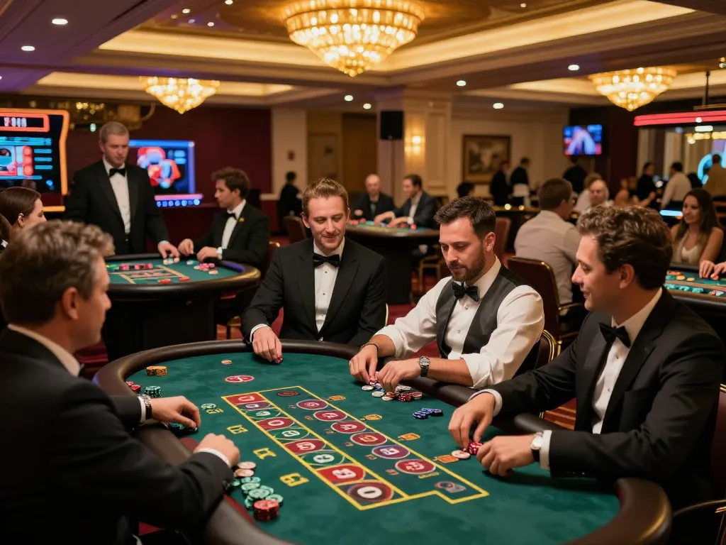 Exciting casino scene at 8K8 with players engaged in blackjack and roulette, vibrant atmosphere.