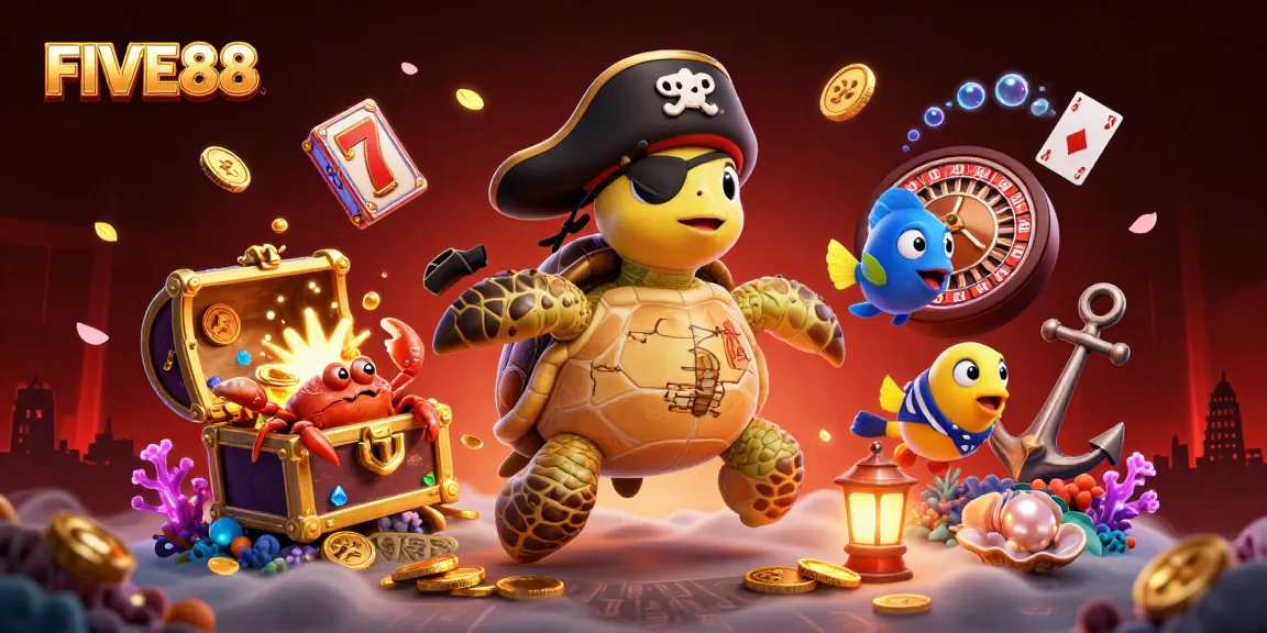 Engage in thrilling action with FIVE88's vibrant pirate-themed casino adventure illustration.