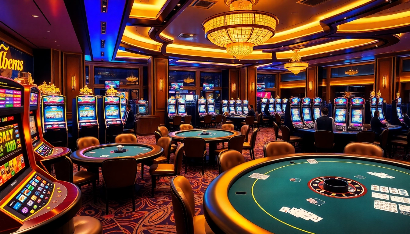 Experience the excitement of uu88 with lively poker tables and slot games in a luxury casino setting.