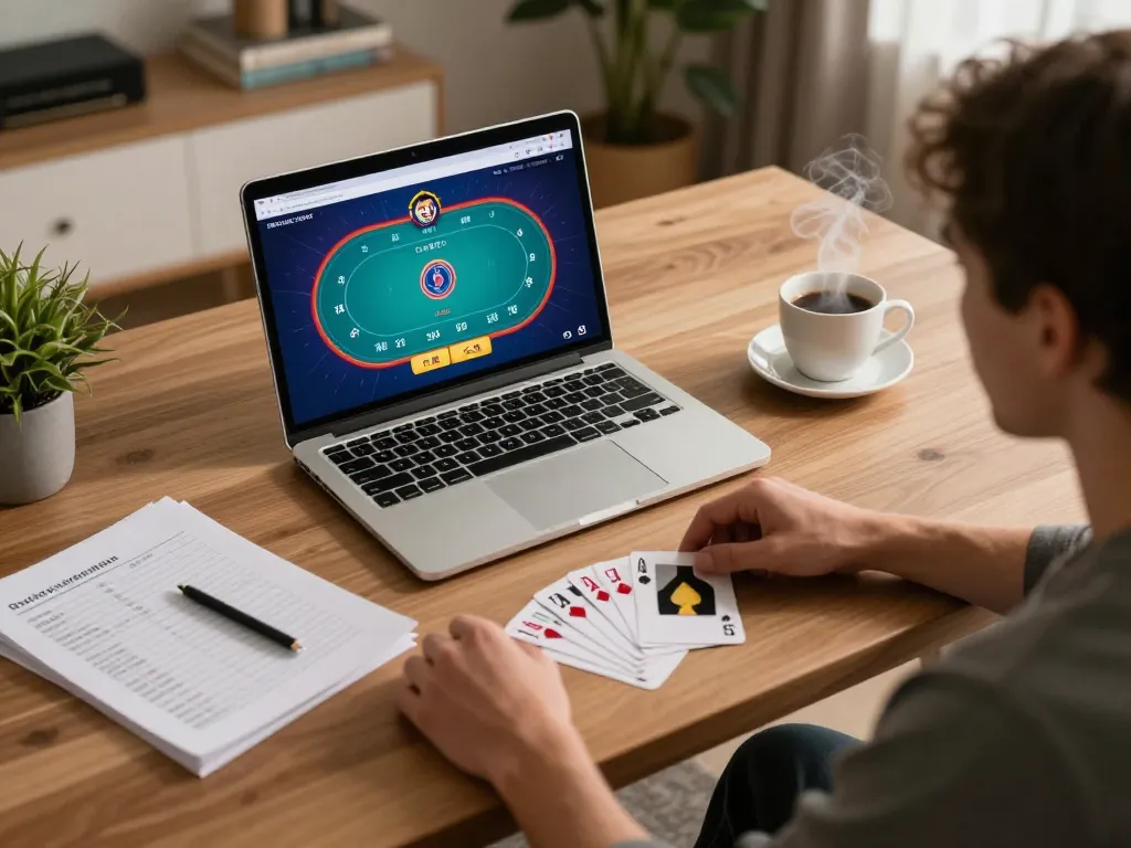 Engaged player at home using ww88 for online poker gaming, showcasing strategy notes and a laptop.