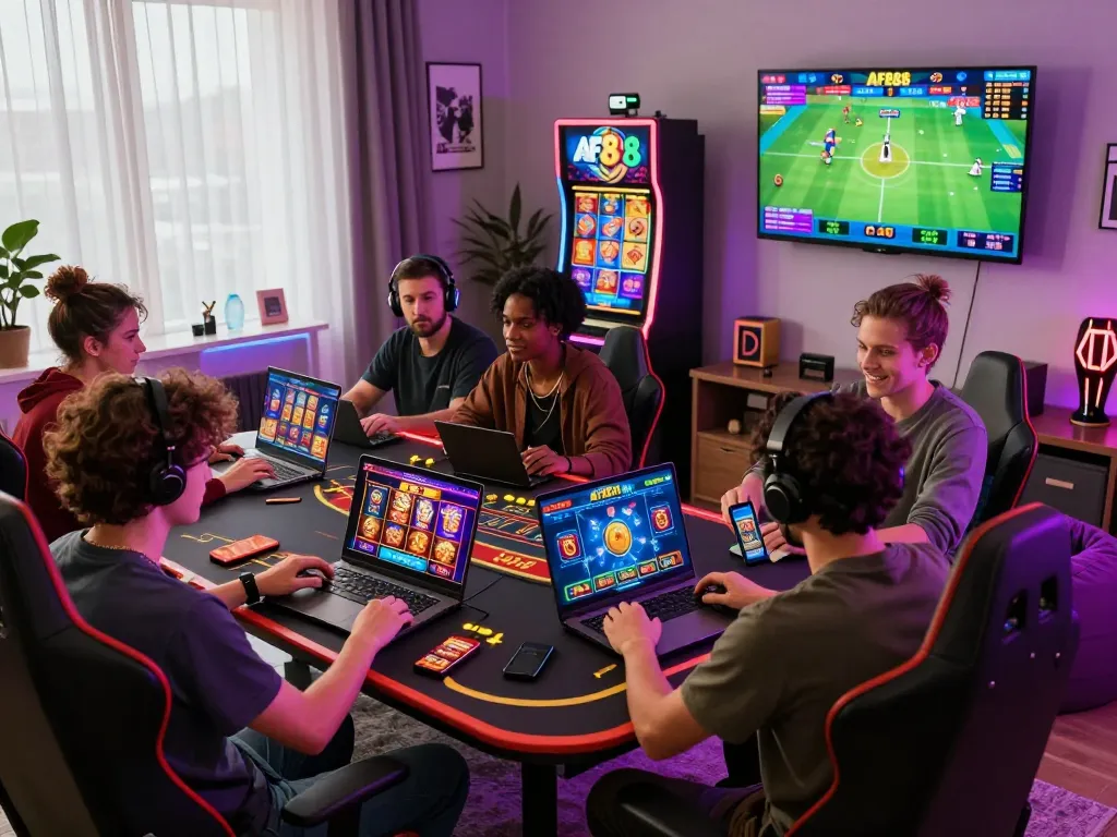 Engaging scene of players enjoying AF88 online gaming platform on various devices.