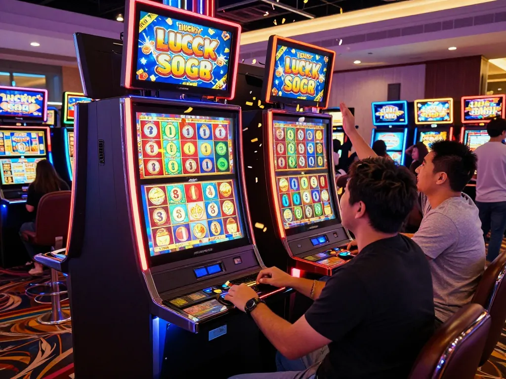 Players celebrating a big win on the Lucky 88 slot machine in a vibrant casino.