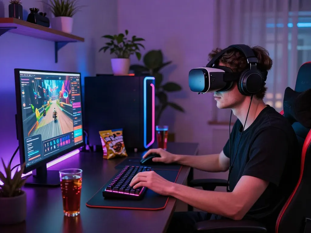 Engaging gaming scene featuring a focused player in a stylish home with akunjp-themed gear.