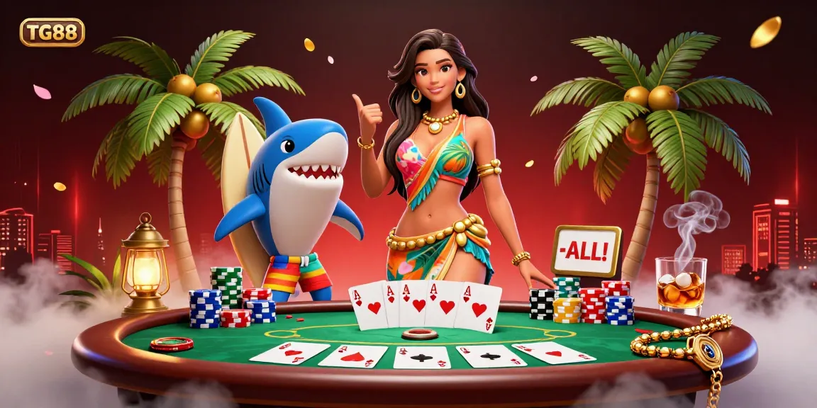 Experience the excitement of TG88 with a vibrant casino scene featuring poker elements and tropical themes.