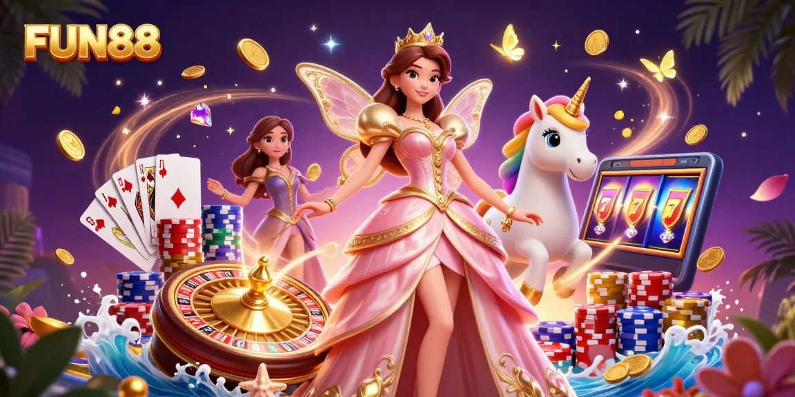 Play games at FUN88, a lavish 3D scene featuring a glamorous woman, golden unicorn, and vibrant casino symbols.