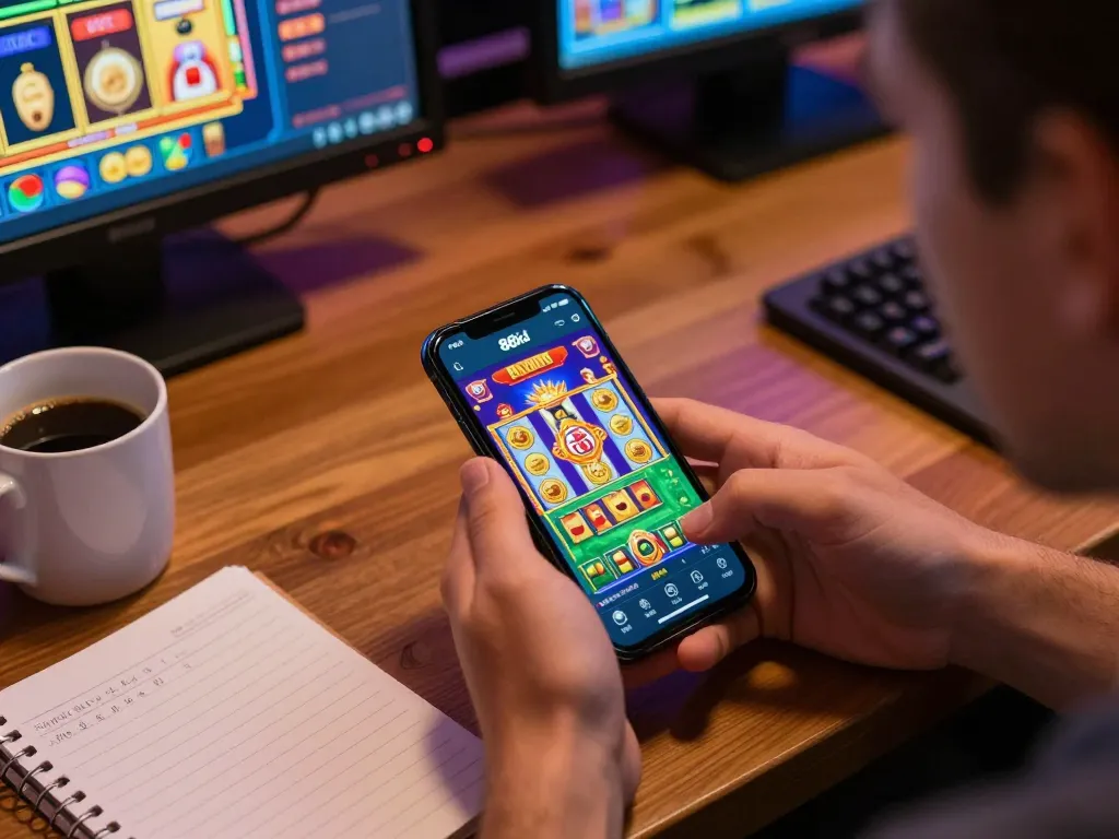 Pemain berinteraksi dengan aplikasi game 88id di smartphone dalam suasana yang nyaman, menggambarkan kegembiraan taruhan online.