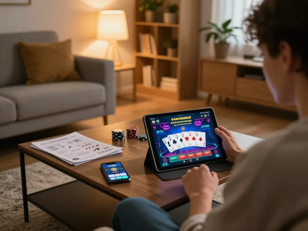 Person enjoying online gaming with LLWIN on tablet, showcasing responsible gambling at home.