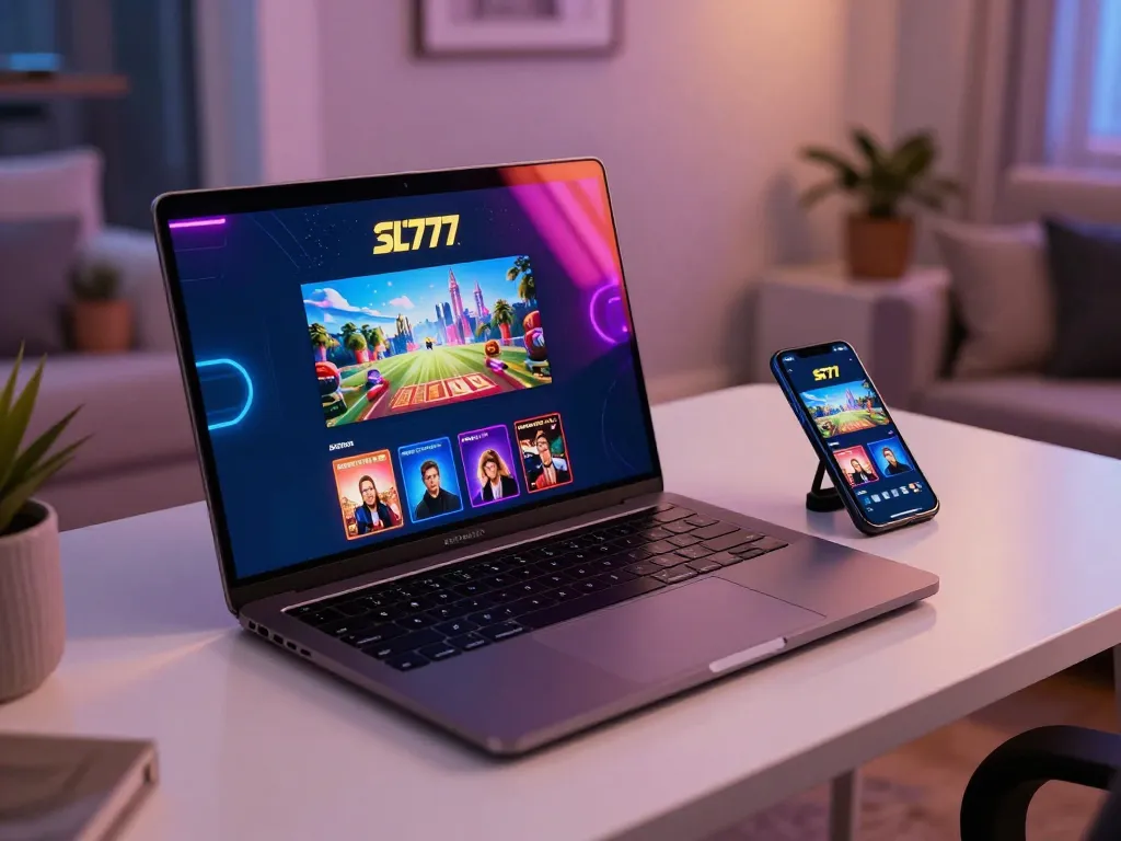 Terlibat dalam permainan di aplikasi SL777 dengan antarmuka kasino online yang cerah di meja rumah yang stylish