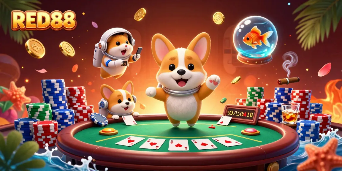 Experience thrilling gameplay at RED88 with our unique zero-gravity casino scene showcasing poker excitement.