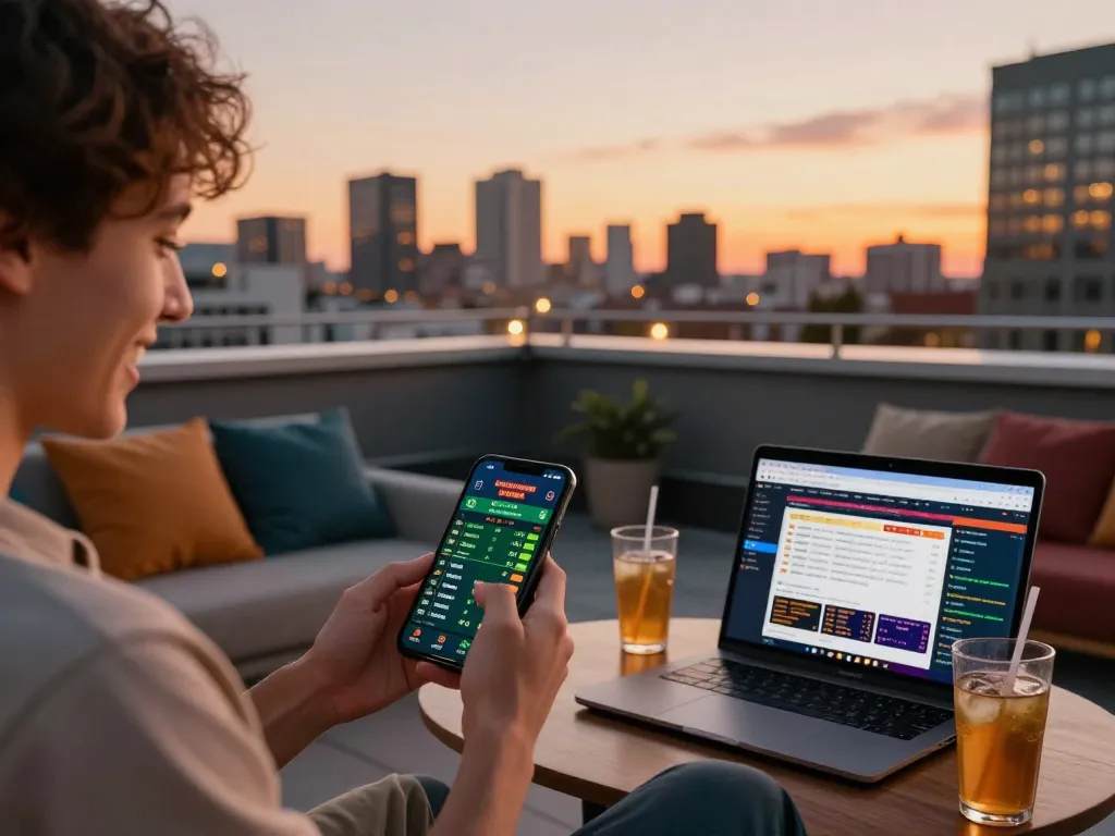Engaged bettor exploring live odds on https://rr88.select/ mobile device in an urban setting.