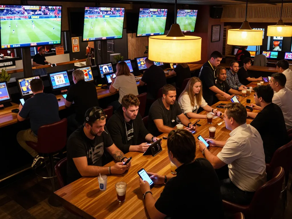 Excited patrons betting on live sports at 8xbet in a vibrant sports lounge atmosphere.