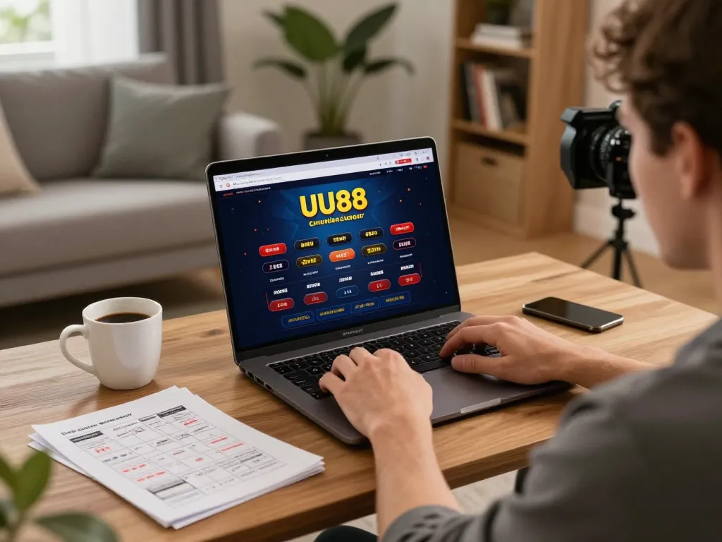 Engaged player using UU88 online casino on laptop, showcasing a cozy gaming setup.
