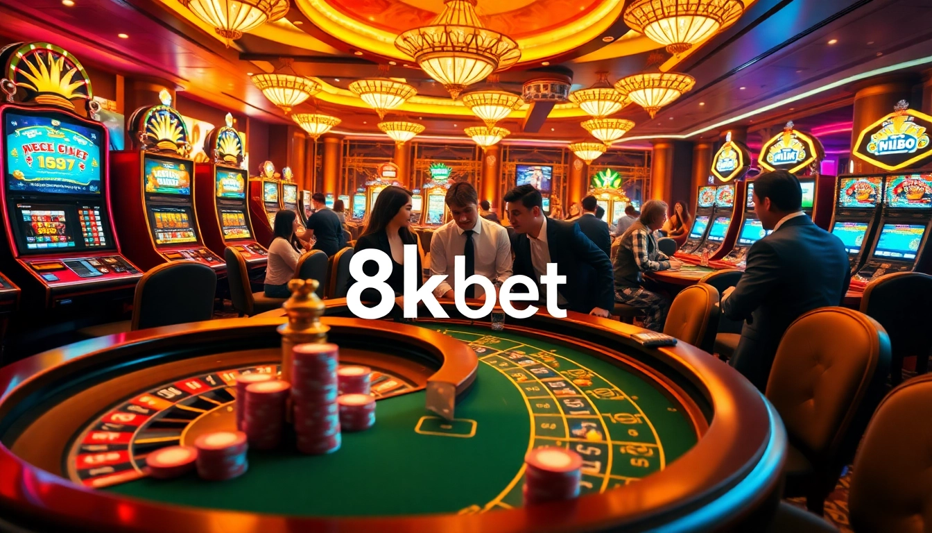 Exciting gambling scene at 8kbet casino featuring poker chips and roulette table.