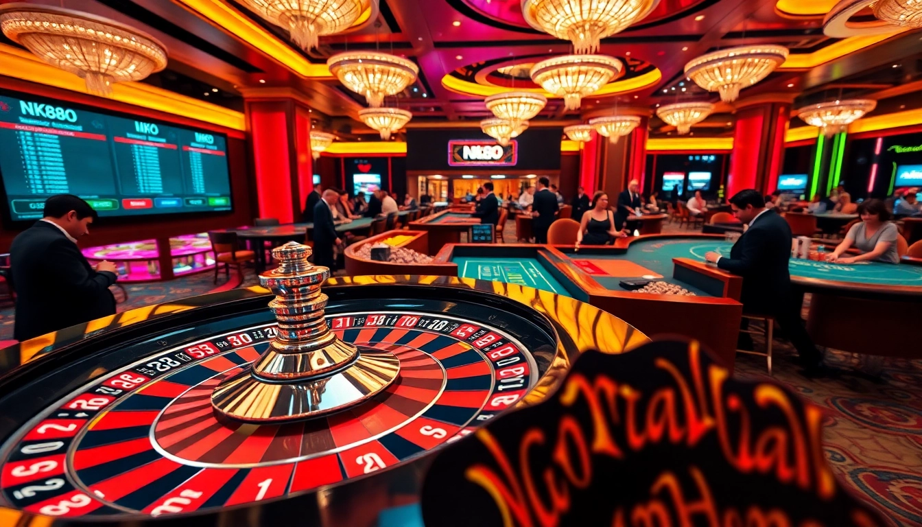 Engaging gamblers at nk88 with a vibrant casino atmosphere featuring roulette wheel and players.