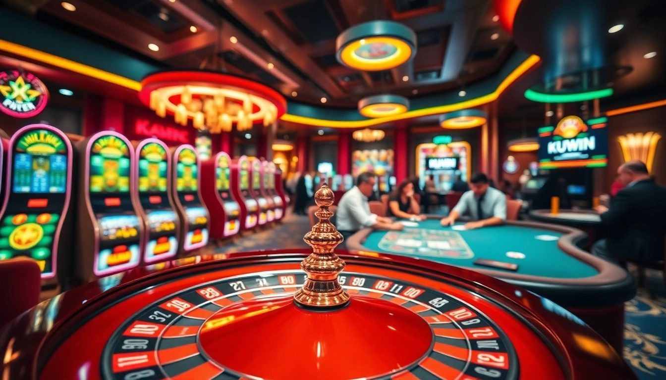 Kuwin casino scene featuring a roulette wheel, vibrant slot machines, and engaging poker players.