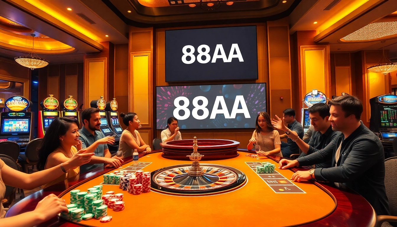 Players enjoying an exciting game at 88aa casino table with colorful chips and a roulette wheel.
