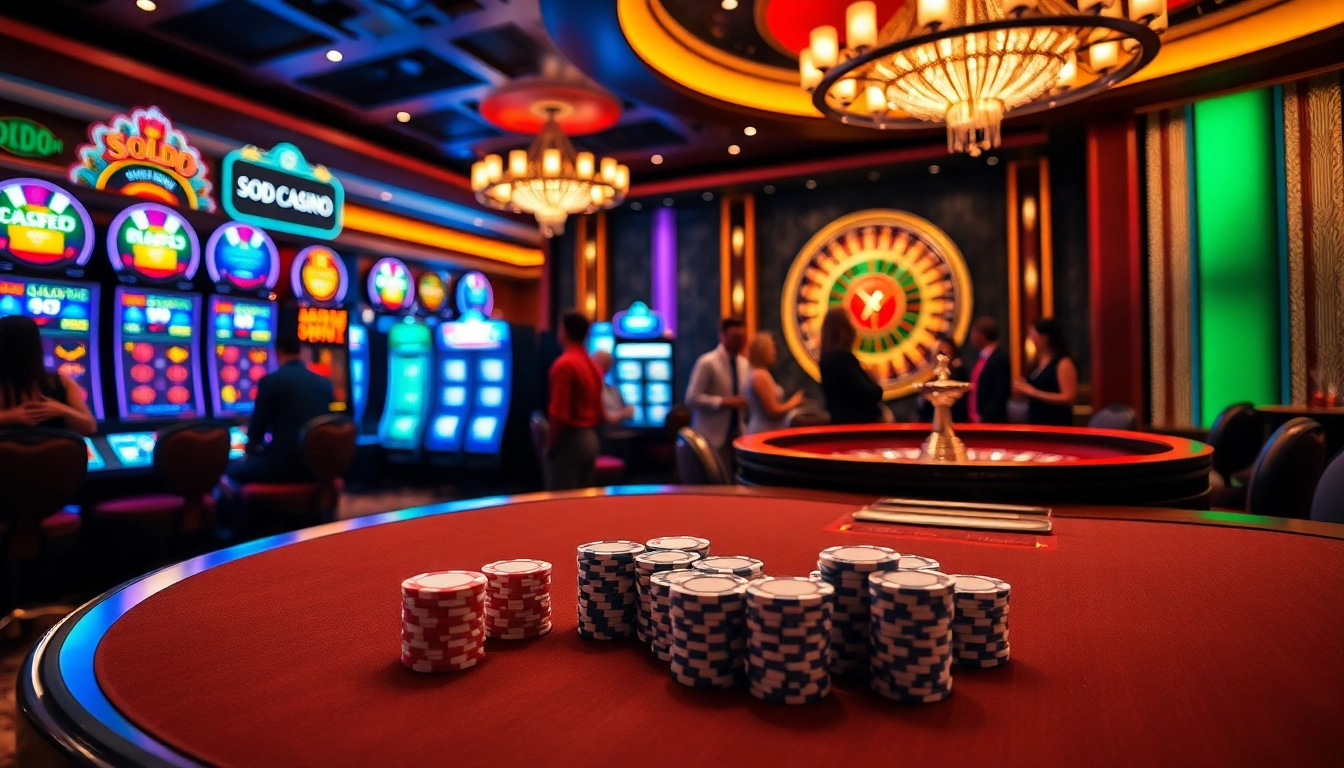 SODO CASINO vibrant gaming floor with slot machines, poker tables, and roulette wheel excitement.