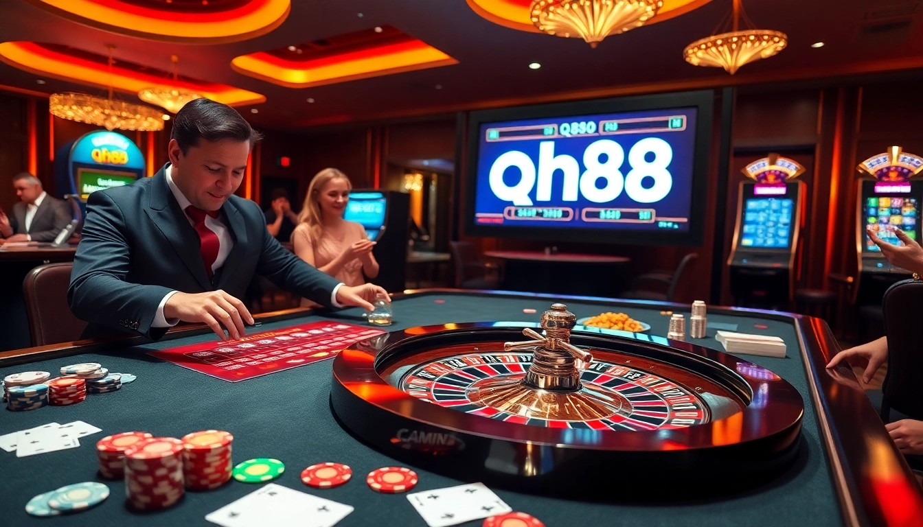 Experience the excitement of qh88 online gambling with a vibrant casino scene featuring a roulette table and sophisticated players.
