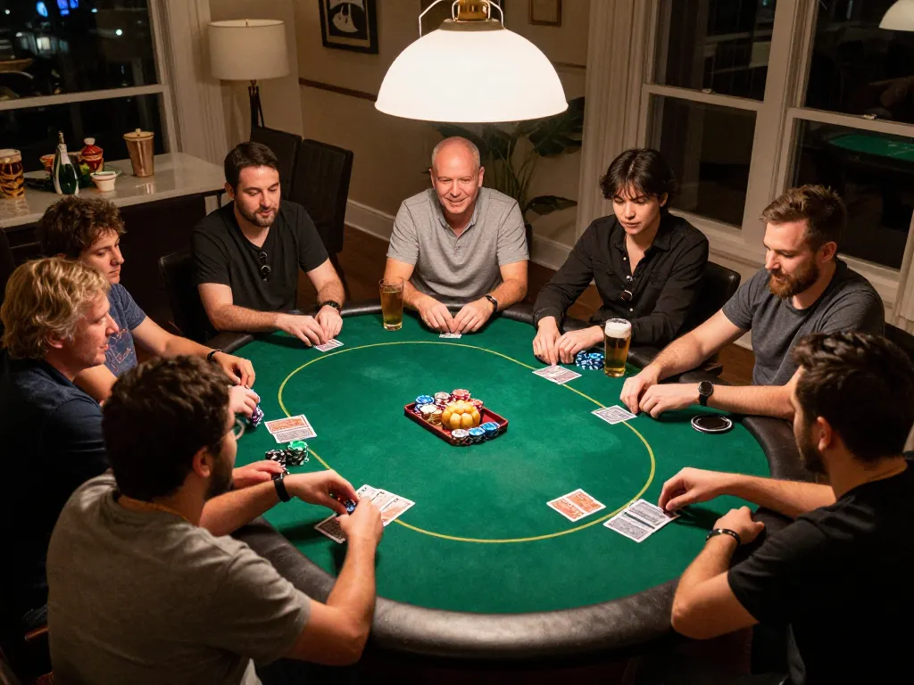 Players enjoying an exciting poker night at home with strategies and actions involving FABET.